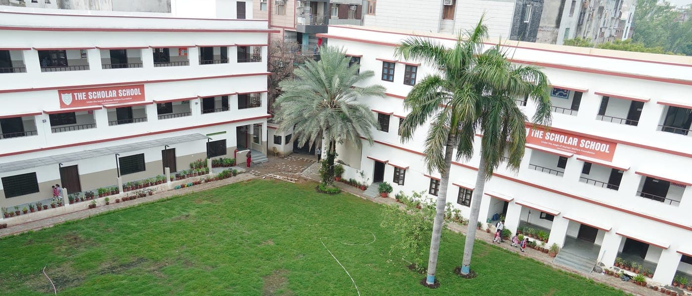 The courtyard and classroom blocks of a school campus in Jamia Nagar, New Delhi.